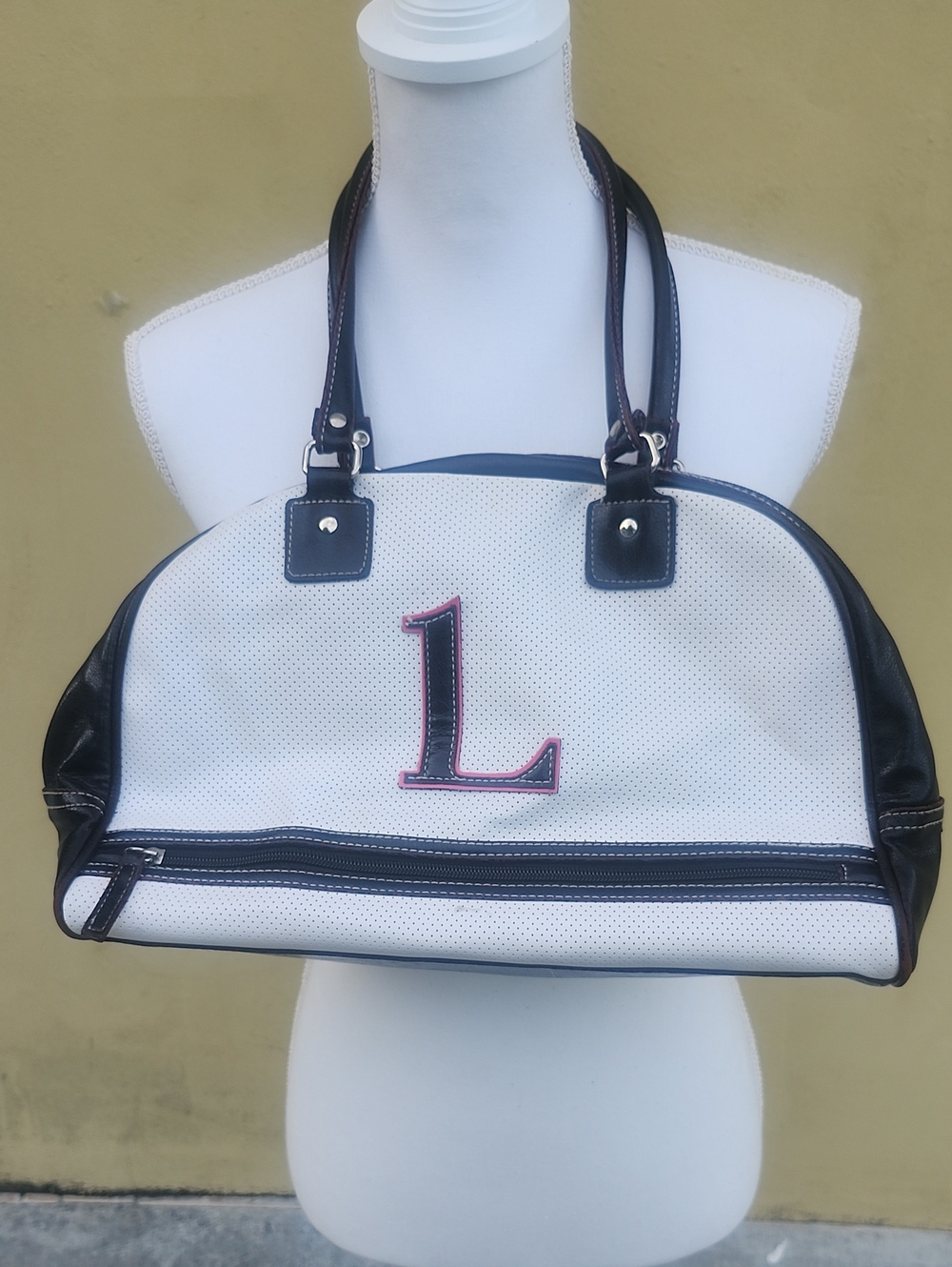 Y2k White Perforated Tote with Black Trim and Pink Monogram